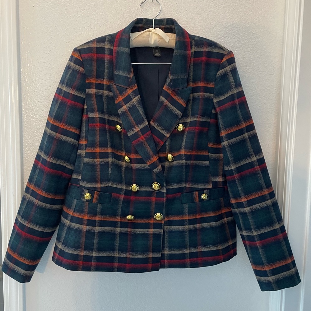 Halogen x Atlantic Navy and Red Plaid Double-Breasted Blazer